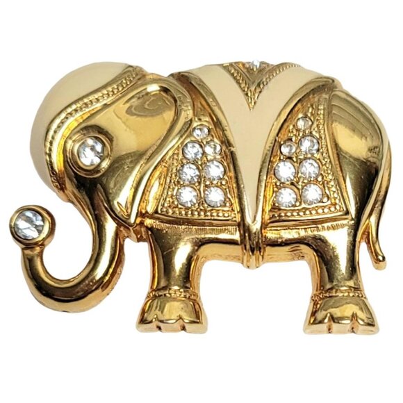 Vintage KJL For Avon Cream Enamel Clear Rhinestone Elephant Brooch Pendant - Picture 2 of 10